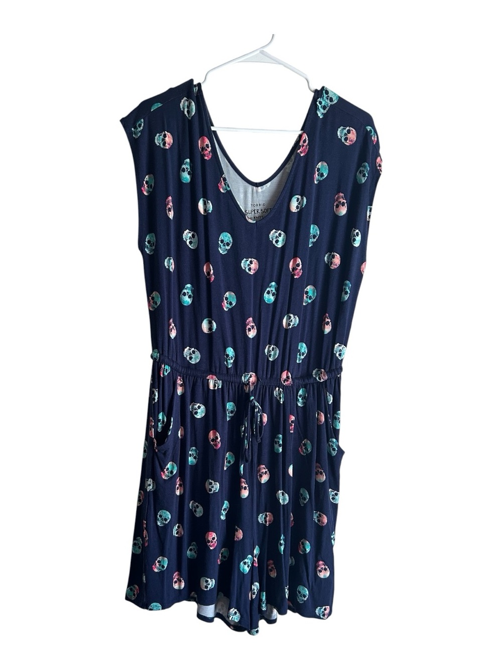 Torrid Size 1X Navy One-Piece Romper with Teal & Pink Skull Print